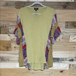 GiGio size Medium Mustard Color Patchwork Ruffle Sleeve Lightweight Soft Blouse